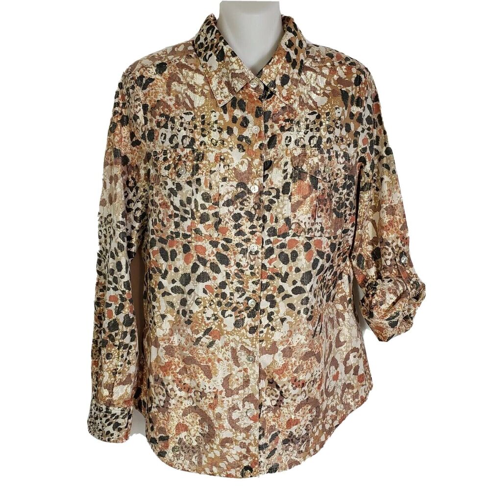 Ruby RD Womens Blouse Size 6 Button Pockets Tab Sleeve Metallic Blend Multicolor
